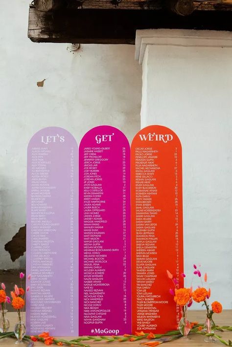 Retro Seating Chart Wedding, Table Numbers Wedding Colorful, Bright Wedding Signage, Pink Wedding Seating Chart, Pink Orange Lavender Wedding, Retro Wedding Seating Chart, Funky Wedding Signage, Bright Wedding Stationery, Colorful Seating Chart Wedding