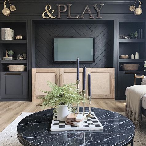 Playroom With Black Furniture, Dark Playroom Walls, Dark Playroom, Moody Playroom, Black Playroom, Paint Playroom, Sophisticated Playroom, Playroom Remodel, Micro School