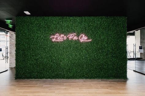 #greenwall Grass Photo Wall, Green Leaf Wall, Grass Wall With Neon Sign Diy, Green Wall With Neon Sign, Grass Wall With Neon Sign Living Room, Grass Wall With Neon Sign, Grass Wall Backdrop With Neon Sign, Turf Wall With Neon Sign, Grass Wall With Neon Sign Brick