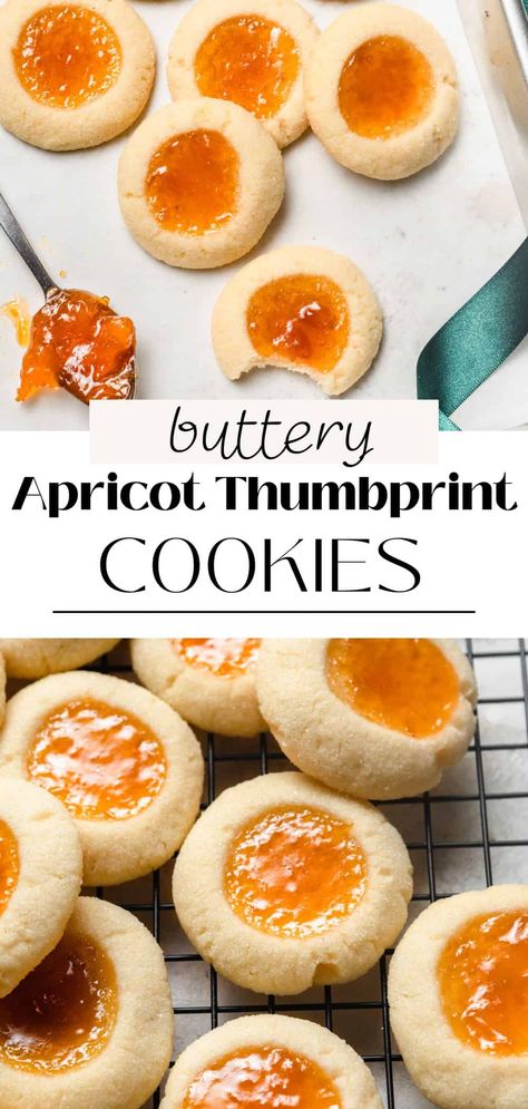 These apricot thumbprint cookies are so simple and tasty. They're made with a shortbread-like dough filled with tart apricot preserves or jam that balances the sweetness beautifully. They're perfect for any Christmas cookie box! Apricot Cookie Bars, Apricot Jam Uses, Italian Apricot Cookies, Apricot Jam Dessert Recipes, Apricot Tarts Mini, Apricot Jam Cookies Recipe, Apricot Filled Christmas Cookies, Jelly Center Cookies, Hungarian Apricot Cookies