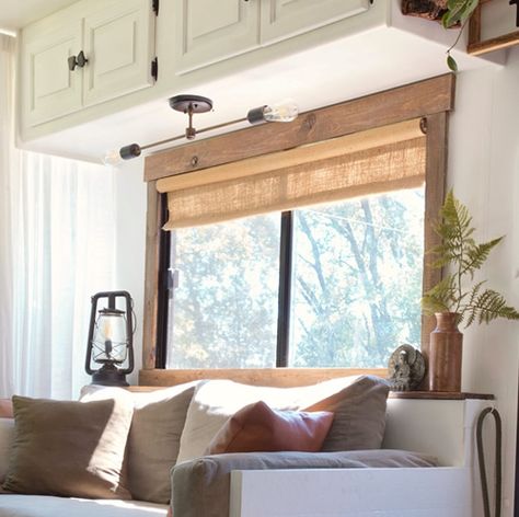 Come see how easy it is to frame RV windows to create a cozier vibe inside your tiny home on wheels! Rv Window Valance Remodel, Rv Window Treatments Ideas, Rv Blinds, Rv Windows, Camper Windows, Rv Decorating, Window Remodel, Camper Redo, Rv Interior Remodel