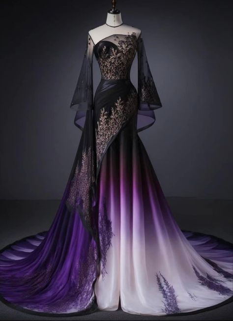 Black And Color Wedding Dress, Dark Fantasy Gown, Purple Fantasy Dress, Dresses Wallpaper, Iphone Wallpaper 4k, In Disbelief, Fantasy Dresses, Dress Design Sketches, Fashion Illustration Dresses