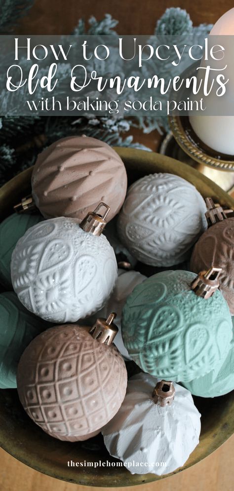 How to Upcycle Christmas Ornaments with Baking Soda Paint - The Simple Homeplace Upcycle Christmas Ornaments, Baking Soda Paint, Upcycle Christmas, Painted Christmas Ornaments, 12 December, Navidad Diy, Christmas Projects Diy, Old Christmas, Holiday Crafts Christmas