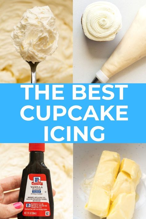 The best buttercream icing for cupcakes and cakes. Includes both vanilla and chocolate frosting recipes. You only need 4 ingredients: butter, confectioners sugar, vanilla and milk. Recipe will frost 24 cupcakes or a 9x13 cake. Vanilla Icing For Cupcakes, Best Icing For Cupcakes, Buttercream Icing For Cupcakes, Confectioners Sugar Frosting, Icing For Cupcakes, Choc Frosting, Best Buttercream Icing, Cupcake Icing Recipe, 9x13 Cake