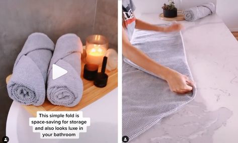 This Easy Towel Folding Hack Is Going Viral for its Day Spa-Inspired Finish — The Latch Spa Towel Folding, Folding Bath Towels, How To Roll Bath Towels, Towel Folding Ideas, Towel Folding, Folding Towels, Organizational Hacks, Sanitary Towels, How To Roll