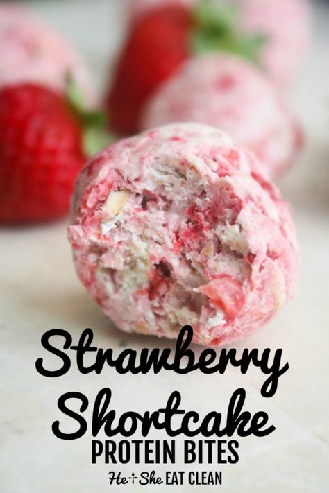 These Strawberry Shortcake Protein Bites are sweet, tangy, healthy, and great for snacking. #eatclean #cleaneating #heandsheeatclean Protein Shake Balls, High In Protein Recipes, Healthy Snacks Chickpeas, Strawberry Protein Snacks, Healthy Snack With Strawberries, Low Calorie Homemade Snacks, High Protein Low Carb Recipes For Picky Eaters, No Carb Dinners Healthy, Healthy Room Temperature Snacks