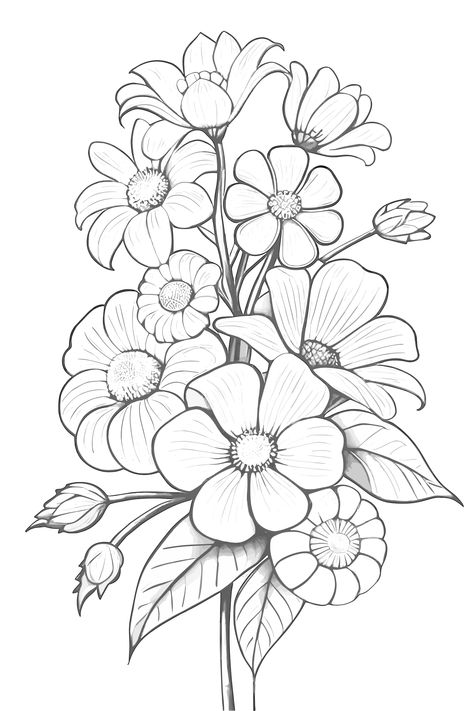 Printable Coloring Pages For Kids and adults any topic for coloring such as stress relief, relaxing landscapes, flower, floral, mandala, animals, fantasy, words and much more . #coloring #coloringpages #coloringbooks #coloringpagesforkids #coloringpagesforadults #printable Natural Design Drawing Flower, Black And White Colouring Pictures, Black Colour Drawing, Outline Images Of Flowers, Coloring Books Flowers, Black And White Leaves Drawing, Coloring Pages Floral, Bouquet Of Flowers Drawing Paintings, Drawing Ideas Nature Flower