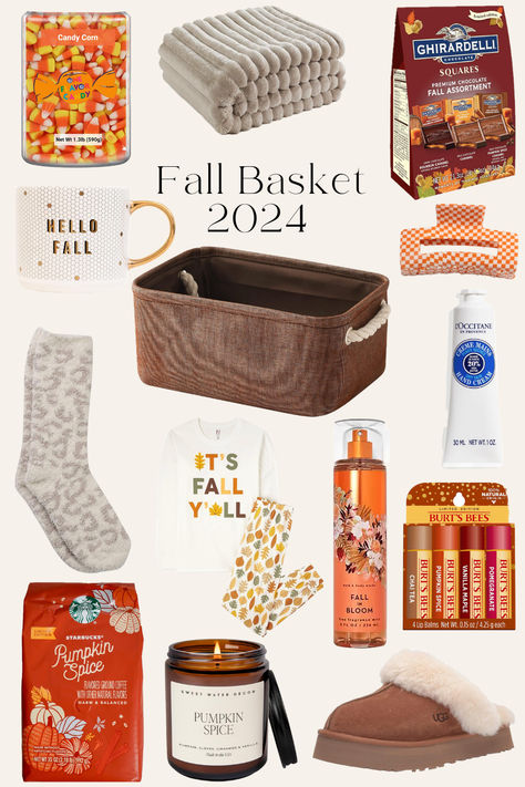 Fall Cute Fall Gift Ideas, Party Favor Basket Ideas, Fall Basket For Teachers, Fall Presents Gift Ideas, Thanksgiving Themed Gift Baskets, Seasonal Gift Basket Ideas, Fall Baskets For Teachers, Fall Teacher Gift Basket, Thanksgiving Gift Basket For Family