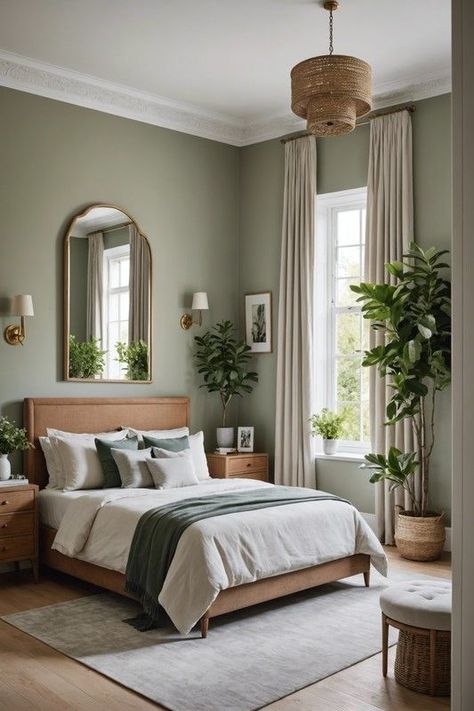 Amazing Decorating Ideas for your Home - Blushiee Cabin Green Interior, Natural Green Bedroom Ideas, Guest Bedroom Ideas Green, Green Natural Bedroom, Warm Green Bedroom, Warm Color Bedroom Ideas, Bedroom Inspirations Cozy Warm, Sage Bedroom, Bedroom Mood Board