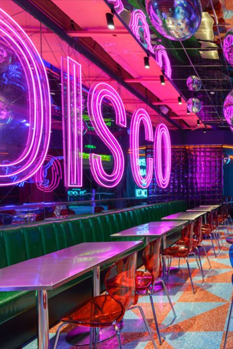 Retro Jukebox Aesthetic, Disco Neon Sign, Disco House Decor, Disco Design Interior, Retro Theme Decoration, Neon Retro Aesthetic, Disco Room Aesthetic, Jukebox Aesthetic, 80s Disco Aesthetic