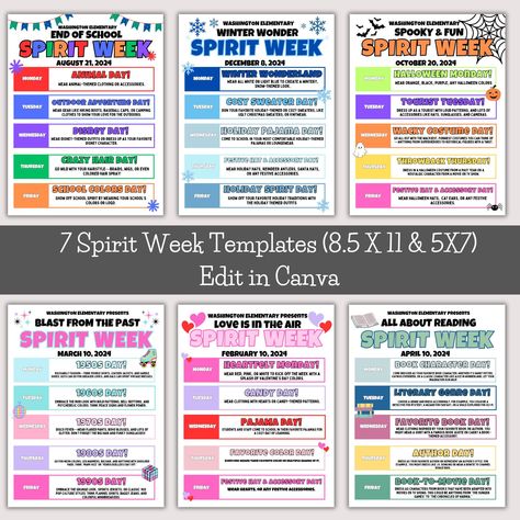 **7 Editable Canva Spirit Week Templates - Celebrate Every Season with Style Get ready to elevate your Spirit Week celebrations with our beautifully crafted set of 7 editable Canva templates! Designed to cater to all your festive needs, this collection includes quirky and fun templates for winter, Halloween, back to school, Valentine's Day, retro themes, and year-end festivities. Each template has been thoughtfully designed to capture the essence of each occasion, making it easier than ever to spread cheer and excitement within your community. Plus, with Canva's user-friendly platform, customizing these templates is a breeze for everyone, whether you're a seasoned pro or a beginner! Each template is available in high-resolution format, ensuring your final creation looks stunning no matter Spirit Week Ideas Daycare, Cheer Spirit Week Ideas, Movie Themed Spirit Week, Hoco Spirit Week Themes, Workout Wednesday Outfit Spirit Week, Employee Spirit Week Ideas, Halloween Spirt Week Ideas School, October Spirit Week Ideas Preschool, Underground Teacher Spirit Week