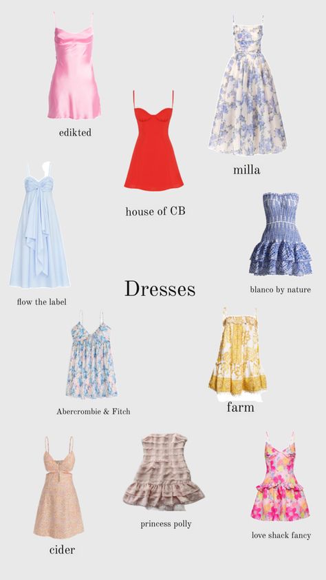 dresses, dress inspo, where dresses are from, love shack fancy, house of cb, edikted, milla, blanco by nature, abrecrombie and fitch, princess polly, farm, cider, flow the label Cider Outfits, Love Shack Fancy, Dress Inspo, House Of Cb, Princess Polly, Cider, The Label, Dresses, Clothes