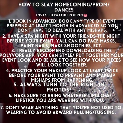 ◇♡follow @darkskinqueens_only for more pins ta get you snatched◇♡ Homecoming Prep List, Homecoming Checklist, Hoco Sleepover, Prom Checklist, Queen Tips, Prom Tips, Prom Planning, High School Survival, High School Hacks