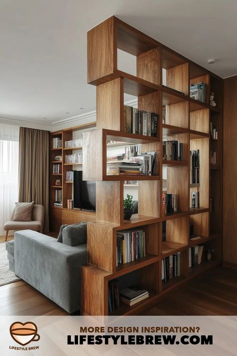 40+ Living Room Partitions Design Ideas (Stunning Inspiration!) Open Shelves As Room Divider, Open Book Case Room Divider, Home Partition Ideas, Living Room Divider Ideas Wall Dividers, Living Room Partitions, Kitchen Living Room Open Concept, Partitions Design, Living Room Unit, Living Room Divider Ideas