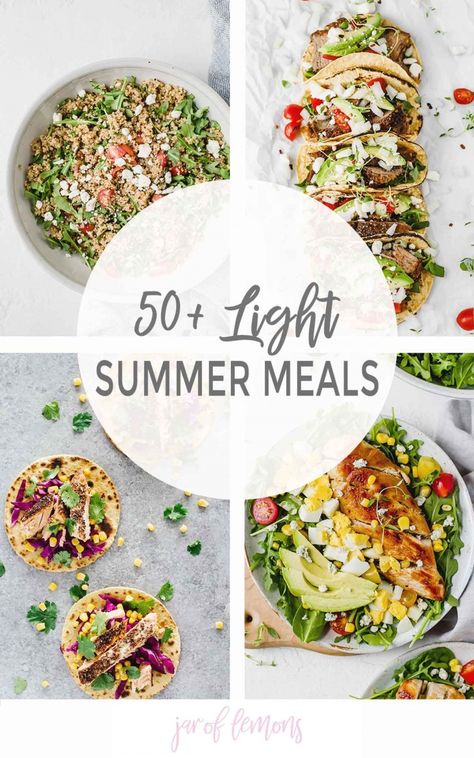 Looking to eat healthy and stay cool this summer? Here are 50  of the best light summer meals! Summer Diet Recipes, Fresh Dinners For Summer, Easy Summer Keto Meals, Dinner Ideas Fresh, Fresh Lunch Ideas Summer, Easy Healthy Dinner Summer, Summer Veggie Meals, Easy Summer Healthy Dinners, Best Summer Meals Dinners