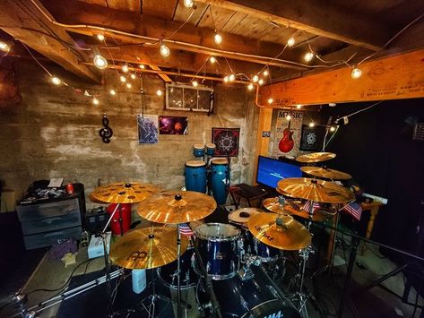 Basement Music Room, Drum Room, Room Hanging Lights, Unfinished Basement, Music Room, Hanging Lights, Basement, Drums, Lighting