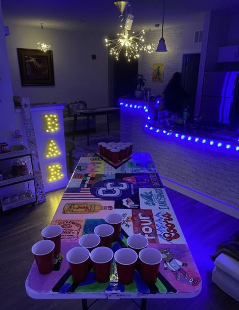 Garage Ideas Hangout, 21st Birthday House Decorations, Frat Room Ideas Colleges, Fraternity Party Decorations, Frat Themed Birthday Party, Cool Hangout Spots, Frat House Aesthetic Decor, Frat Party Decor, Frat Room Decor