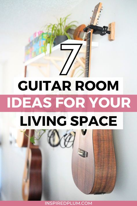 Click to find modern DIY wall mount ideas to display your guitar! We recently set up a designated music area in our living room for our guitars and are loving the results. Guitar In Living Room Decoration, Decorating With Guitars Living Rooms, Guitars On The Wall Decor, How To Display Guitars On Wall, Guitar Display Wall Decorating Ideas, Decorating With Musical Instruments, Music Instrument Storage, How To Hang A Guitar On The Wall, Guitar Storage Ideas Small Spaces