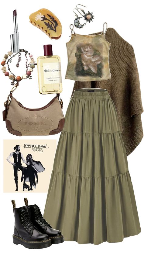 Boho earthy outfit inspo #ootd #outfit #outfitinspo #bohemian #boho #fleetwoodmac #stevienicks #green #earthy #aesthetic Old Vintage Aesthetic Outfits, Earthy Tone Outfits Aesthetic, Earthy Clothing Aesthetic, Boho Green Outfit, Botanical Aesthetic Outfit, Witchy Fall Aesthetic Outfits, Woodland Outfit Women, Infp Clothes Aesthetic, Moss Core Outfit