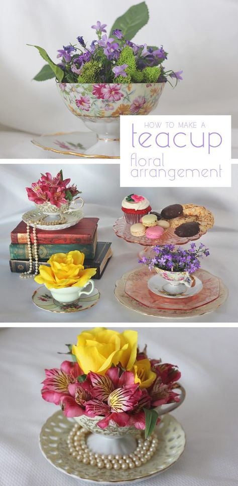 Who needs a vase when you can use tea cups to make beautiful floral arrangements. Think Mother's day and any Sunday brunch or tea party. These will be such a hit all summer long! http://www.ehow.com/how_4494520_create-teacup-floral-arrangement.html?utm_source=pinterest.com&utm_medium=referral&utm_content=inline&utm_campaign=fanpage Teacup Flower Arrangements, Brunch Decor, Teacup Crafts, Spring Tea, Tea Party Decorations, Cup Crafts, Mothers Day Brunch, Tea Party Garden, Trendy Flowers