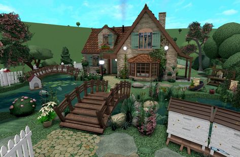 Cottage Core House Exterior, Cottagecore Bloxburg House, Cottage Core Bloxburg House, Cottage Layout, Bloxburg Cottage, Cottage House Exterior, Cottagecore House, Small Street, Cottage Core House