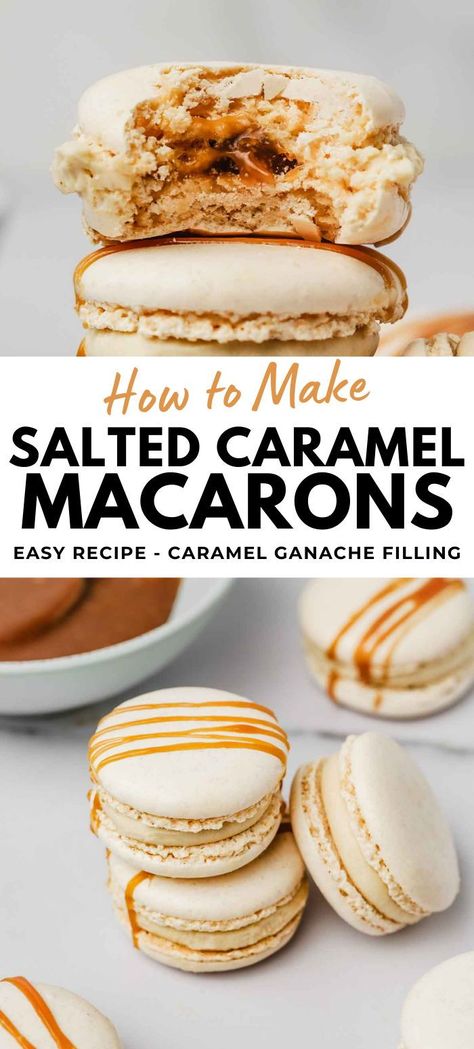 Learn to make Salted Caramel Macarons with our easy recipe. Experience the delight of a flowing heart of homemade salted butter caramel, encased in a whipped white chocolate ganache flavored with salted caramel. This recipe employs the Italian meringue method to ensure a smooth, shiny macaron shell every time. Follow our expert tips for these irresistible gourmet treats. Macarons Salted Caramel, Salted Caramel Macarons Recipe, Caramel Macaron Filling, Italian Meringue Macaron Recipes, Sourdough Macarons, Macroom Recipe, Macrons Recipes Flavors, Chocolate Macaron Filling, Caramel Ganache Recipe