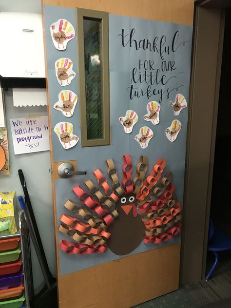 Thanksgiving Themed Classroom Door, November Daycare Door Ideas, Thanksgiving Door For Classroom, Turkey Classroom Decorations, Thanksgiving Toddler Door Ideas, November School Door Decorations, Thanksgiving Door Preschool, Thanksgiving Doors For Classroom, Thanks Giving Door Decoration