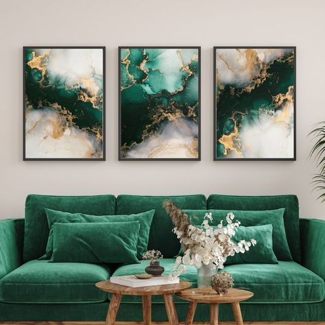 Emerald Green & Gold Fluid Ink Print Set, Living Room Wall Posters, Glam Wall Print Set of 3 - Etsy UK Home Aesthetic Black, Green And Grey Living Room, Couch Colors, My Home Aesthetic, Alcove Ideas Living Room, Alcove Ideas, Abstract Mural, Marble Wall Mural, Gray Couch