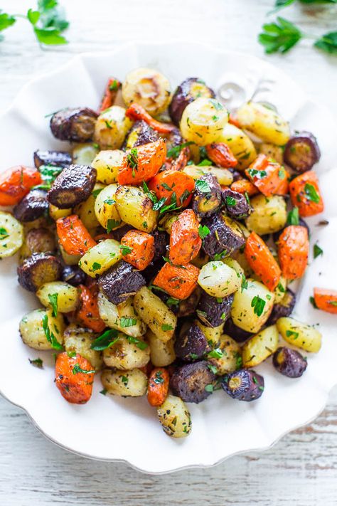 Oven Roasted Rainbow Carrots (Easy Carrot Side Dish) - Averie Cooks Vegan Easter Recipes, Roasted Rainbow Carrots, Healthy Easter Recipes, Easter Dinner Menus, Potatoes And Carrots, Vegan Easter, Averie Cooks, Healthy Easter, Easter Lunch