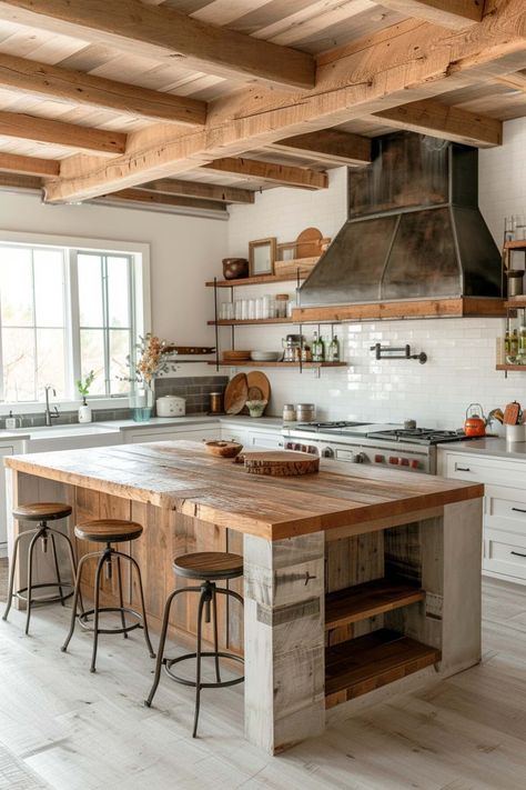 Rustic Country Kitchen Decor, Farmhouse Kitchen Inspiration, Gorgeous Farmhouse, Rustic Country Kitchens, Rustic Kitchen Island, Kitchen Island Decor, Rustic Modern Kitchen, Farmhouse Kitchen Design, Rustic Farmhouse Kitchen