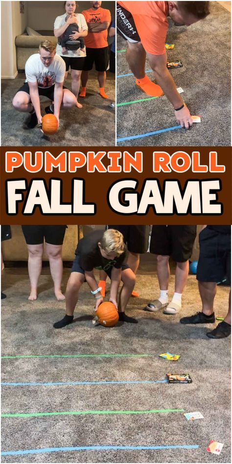 This fun pumpkin roll fall party game will have people rolling pumpkins to win prizes! It's fun, easy to setup, and great for any age! One of the best fall party games out there! Preschool Fall Carnival Games, Pumpkin Relay Race, Fall Party Ideas For Teens, Pumpkin Party Games, Poke A Pumpkin Game, Fall Party School, Fall Minute To Win It Games, Fall Games For Teens, Fall Festival Games For Kids