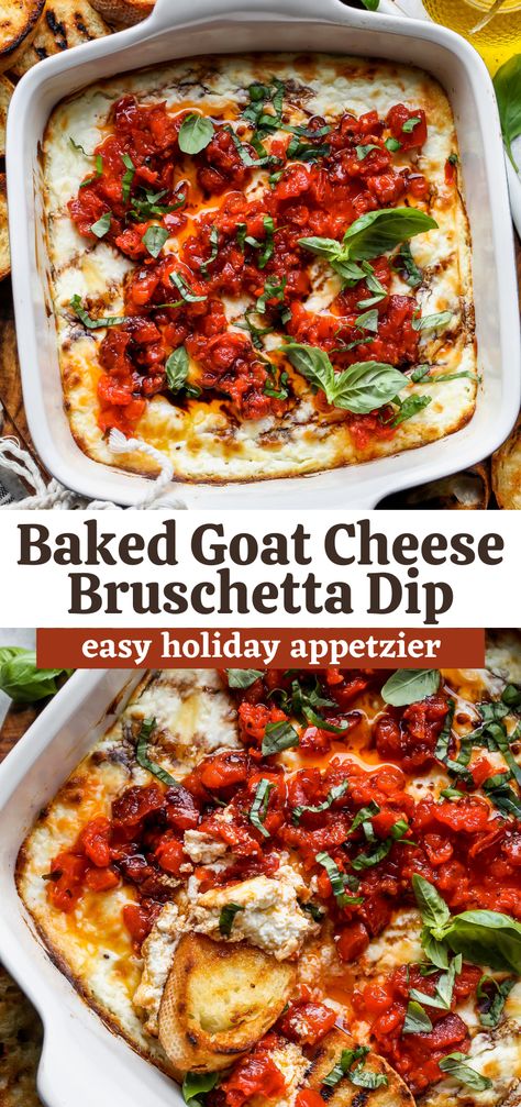 Bruschetta Dip Recipe, Goat Cheese Bruschetta, Bruschetta Dip, Cheese Bruschetta, Baked Goat Cheese, Creamy Goat Cheese, Party Dip, Goat Cheese Recipes, Balsamic Glaze