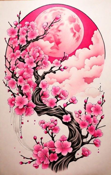 Dragon And Cherry Blossom Tattoo Thigh, Women Tattoos Japanese, Geisha Cherry Blossom Tattoo, Cherry Blossom Tattoo Thigh Piece, Japanese Flower Tattoos For Women, Cherrybloom Tattoo, Cherry Blossom Japanese Tattoo, Japanese Cherry Blossom Tattoos, Blossom Tattoos For Women