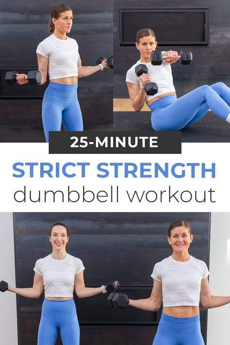 Build strength, definition and muscle tone in the upper body with this dumbbell workout routine: the 7 best dumbbell arm exercises. We love this strict-set format for pushing each muscle group to fatigue, resulting in muscle growth. This is a complete upper body workout, targeting the biceps, triceps, back, chest and shoulders in under 30 minutes. Strength Training Videos, Dumbbell Workout Routine, Strength Building Workouts, Dumbbell Arm Workout, Pregnancy Workout Videos, Arm Exercises, Core Workouts, Women Working, 30 Minute Workout