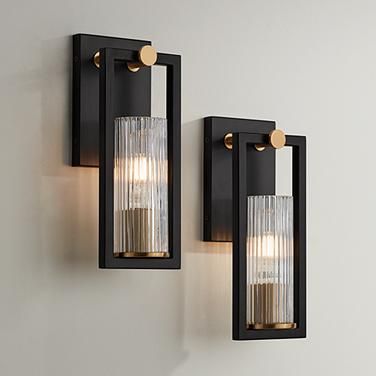 Stiffel Ramos 11 1/2" High Black and Brass Wall Sconces Set of 2 Black Bathroom Sconces, Sconces Living Room, Modern Bathroom Lighting, Bathroom Sconces, Glass Wall Lights, Industrial Modern, Ribbed Glass, Modern Wall Sconces, Modern Wall Lights