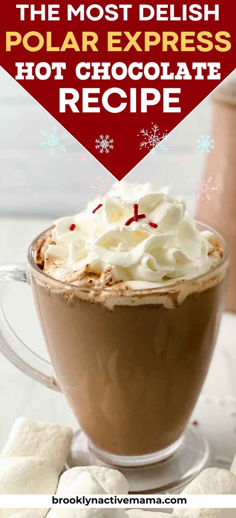 This homemade Polar Express Hot Chocolate Recipe is so fun and easy to make! Great flavors and easy to make for movie night! Polar Express Cocoa, Disneyland Hot Chocolate Recipe, Cold Hot Chocolate Drinks, Disney Hot Chocolate Recipe, Easy Movie Night Dinner, Polar Express Hot Cocoa, North Pole Hot Chocolate, Nesquick Hot Chocolate, Polar Express Recipes