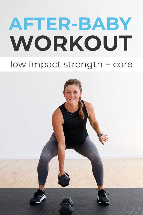 Nine of the best postpartum exercises to build strength at home. Whether you're a couple months postnatal or several years post-baby; this 30-minute full body strength workout is a safe and low-impact workout you can do at home with dumbbells. This postnatal workout includes: Diastasis Recti (DR) safe ab exercises, pelvic floor strengthening exercises, and low impact, full body functional strength training. Low Impact Postpartum Workout, Light Workout At Home For Beginners, Post Partum Ab Workouts At Home, Postpartum Gym Workout Plan, Postpartum Core Exercises, Functional Strength Training Workouts, Post Natal Workout Plan, Tummy Workouts, Postpartum Exercises