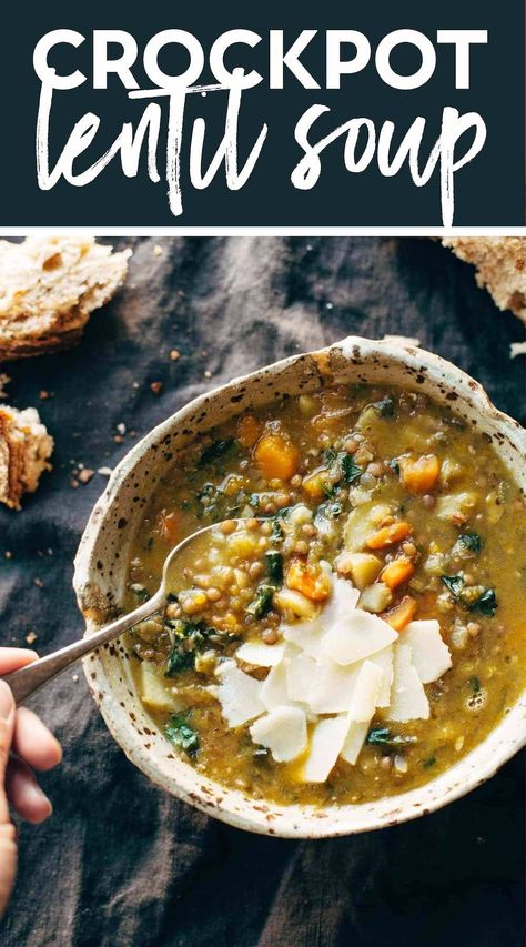 Detox Crockpot Lentil Soup - a nourishing and easy soup recipe made with onions, garlic, carrots, kale, olive oil, squash, and lentils. Vegan / vegetarian / gluten free and SUPER delicious! #crockpot #slowcooker #lentils #vegan Squash And Lentils, Crockpot Lentil Soup, Garlic Carrots, Lentils Vegan, Best Crockpot, Vegetarian Gluten Free, Easy Soup, Best Detox, Vegetarian Soup