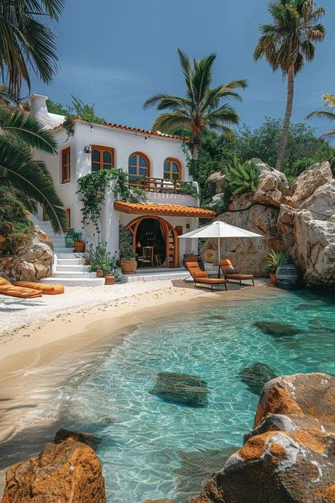 Dream House On The Beach, Ocean Home Exterior, Houses In Portugal, Ocean House Aesthetic, Amalfi Coast House, Greece Beach House, European Beach House, Houses With Slides, Mexico Beach House