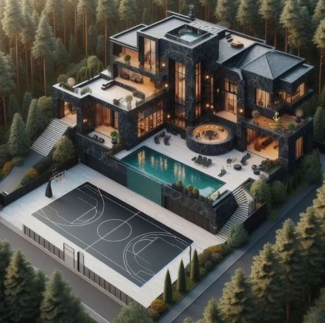 Mansion With Basketball Court, Bloxburg Basketball Court, Dream House Pictures, Futuristic House, Dream Life House, Building House Plans Designs, Architect Design House, Architecture Model House, Large House