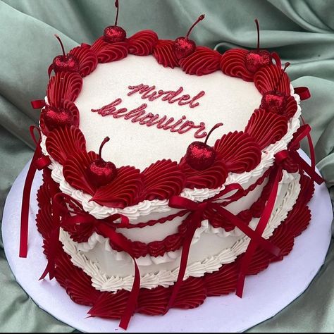 18th Birthday Cake Red And White, Red And White Cake Aesthetic, Red Cake Birthday Aesthetic, Red And Black Cake Design, Red Heart Cake Design, 22nd Birthday Ideas Red, Cherry Cake Ideas, Burgundy Cake Wedding, Red And Black Vintage Cake