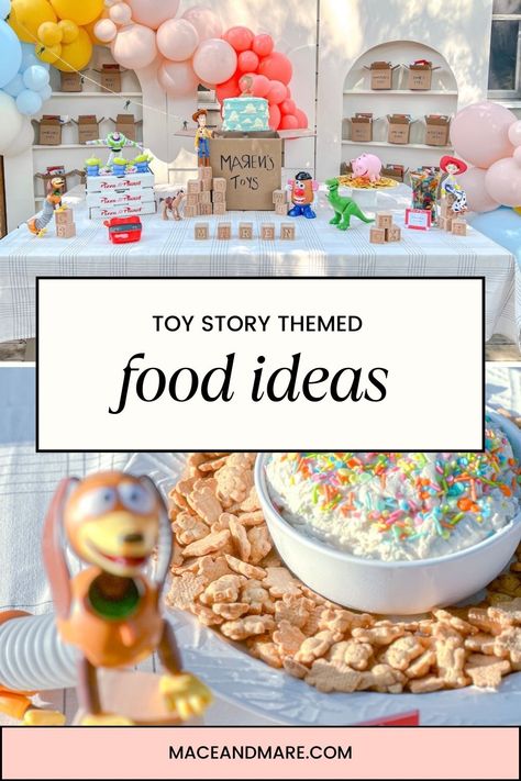 Discover these Toy Story-themed food ideas! From Buzz Lightyear rocket fuel to Woody's cowboy caviar, explore delicious food ideas inspired by your favorite Pixar characters. Perfect for kids' parties, family movie nights, or Disney themed celebrations. Get inspired and create a Toy Story culinary adventure! #ToyStory #DisneyFood #PartyIdeas #KidsRecipes #Disney #birthdayparty #twoinfinityandbeyond Toy Story Themed Snacks Parties Food, Toy Story 4 Dinner And A Movie, Toy Story Themed Breakfast, Toy Story Appetizers Food Ideas, Toy Story Breakfast Ideas, You Story Themed Food, Food For Toy Story Birthday Party, Toy Story Birthday Party Ideas Pastel, Toy Story Food Party Ideas