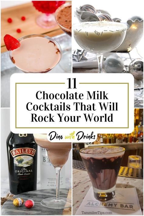 Collage of 4 chocolate milk cocktails. Moose Milk Recipe, Chocolate Alcoholic Drinks, Godiva Chocolate Liquor, Milk Cocktails, Chocolate Cocktail Recipes, Best Chocolate Milk, Chocolate Milk Mix, Vanilla Cocktail, Alcohol Chocolate