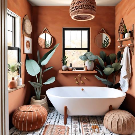 30 Boho Bathroom Ideas for a Unique Style Inspiration Spa Inspired Bathroom Bohemian, Terra Cotta Bathroom Ideas, Desert Themed Bathroom, Small Mcm Bathroom, Small Bathroom Decor Bohemian, Desert Bathroom Decor, Relaxing Bathroom Ideas, Terra Cotta Bathroom, Small Boho Bathroom