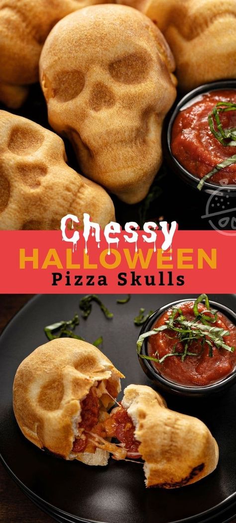 Pizza Skulls, Savory Halloween Food, Halloween Pizza, Recetas Halloween, Halloween Food Appetizers, Cheesy Pizza, Spooky Food, Halloween Food Treats, Easy Halloween Food