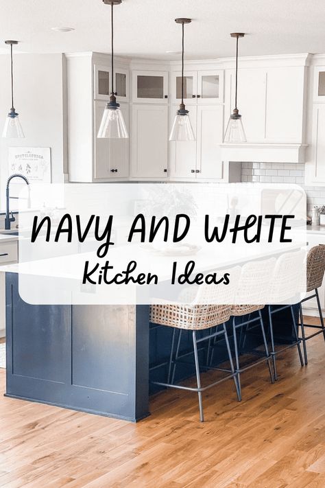 What’s better than a sleek, sophisticated kitchen? A sleek, sophisticated kitchen in navy and white! Here are some ideas for creating this look in your space. Navy And White Kitchen, Blue And White Kitchen Cabinets, Navy Kitchen Cabinets, Blue Backsplash Kitchen, Navy Blue Kitchen Cabinets, Dark Blue Kitchens, White Kitchen Ideas, Grey Blue Kitchen, Blue Kitchen Island