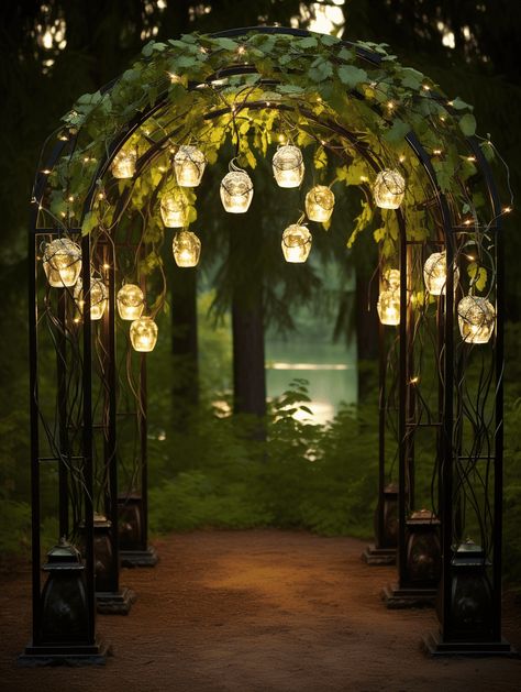 Garden With Archway, Lanterns In Garden, Lantern Decorations Wedding, Garden Pathway Lights, Garden Party Inspiration, Outdoor Lighting Ideas House Entrance, Farm Entrance Ideas, Garden Wedding Entrance, Garden Archway Ideas