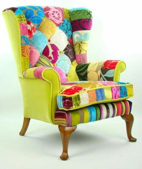 Crazy eclectic colourful chair Patchwork Chairs, Patchwork Armchair, Patchwork Furniture, Patchwork Chair, Funky Chairs, Upholstered Chair, Funky Furniture, Cool Chairs, Designers Guild