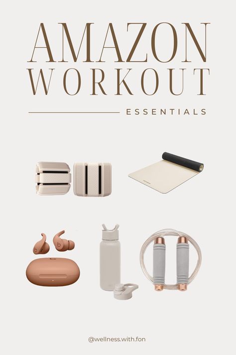 I found the cutest, neutral aesthetic workout essentials so you don't have to! Fitness Equipment Aesthetic, Workout Essentials Aesthetic, Amazon Must Haves Gym Girl, Workout Must Haves For Women, Amazon Workout Must Haves, Pilates Must Haves, Amazon Fitness Must Haves, Pilates Bag Essentials, Beige Gym Aesthetic