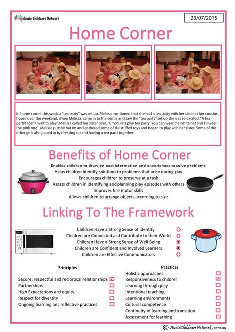 Interest Area - Home Corner - Aussie Childcare Network Learning Stories Examples, Eylf Learning Outcomes, Early Childhood Education Curriculum, Aussie Childcare Network, Intentional Teaching, Child Development Theories, Early Childhood Education Resources, Emergent Curriculum, Early Childhood Program